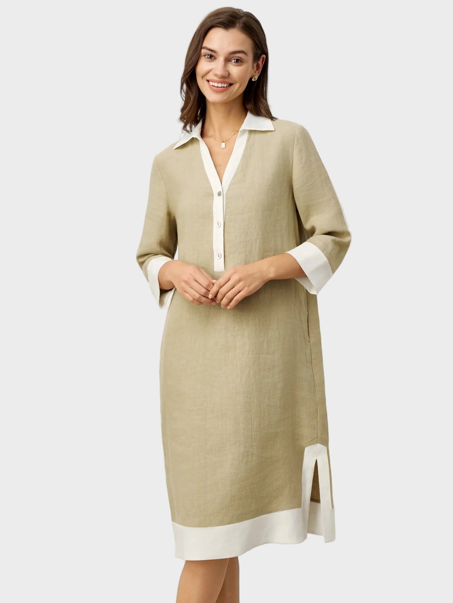 Vinnie | 100% Linen Contrast Panel V-neck Layered Lapel Midi Shirt Dress PERSEPHONE