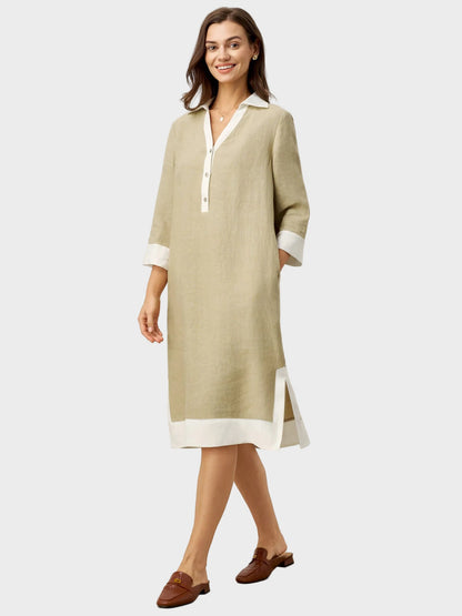 Vinnie | 100% Linen Contrast Panel V-neck Layered Lapel Midi Shirt Dress PERSEPHONE