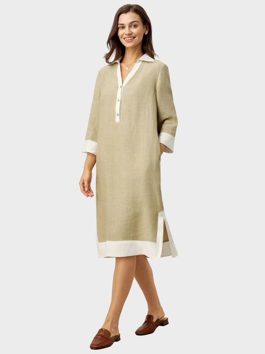 Vinnie | 100% Linen Contrast Panel V-neck Layered Lapel Midi Shirt Dress PERSEPHONE
