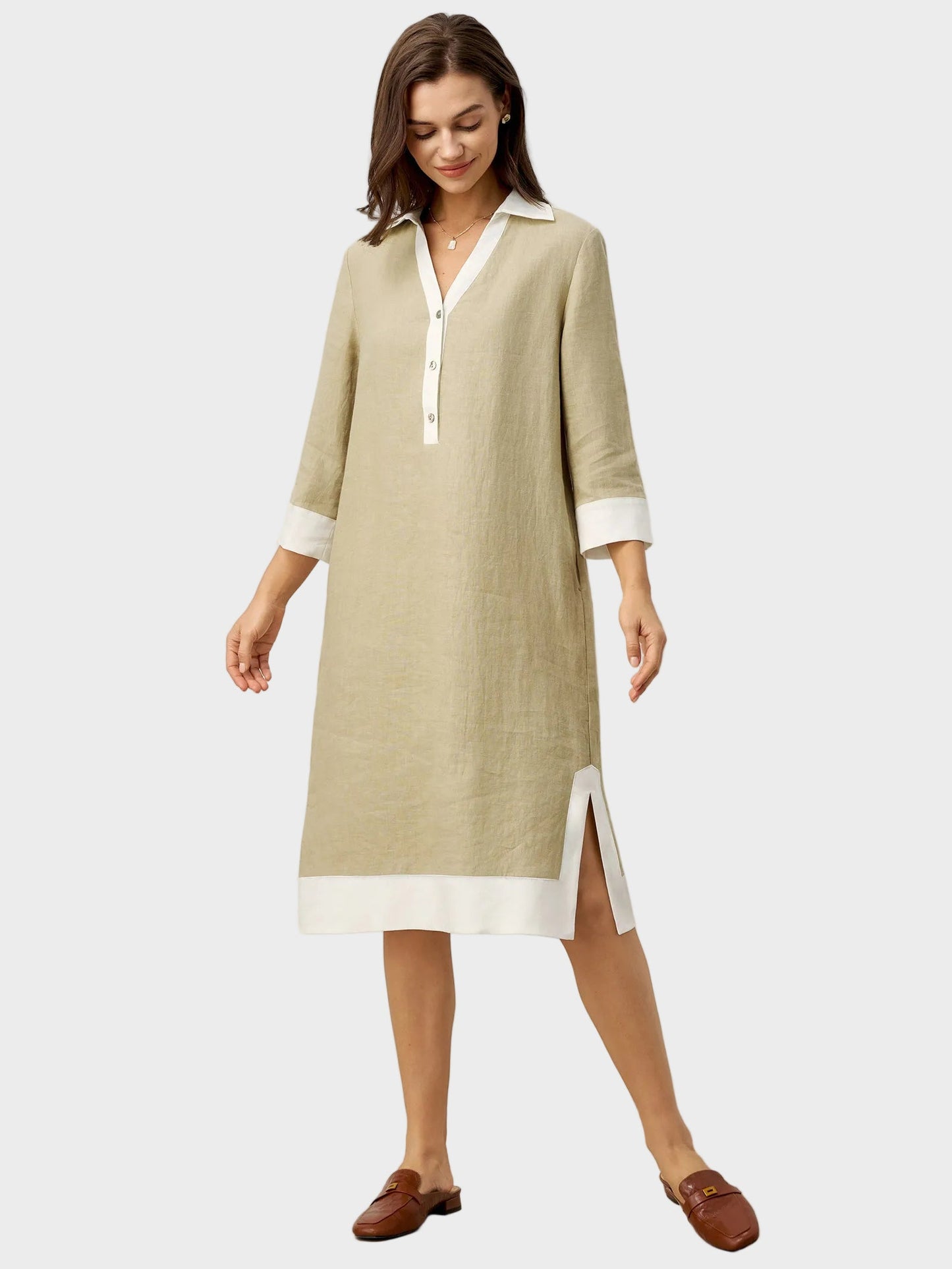 Vinnie | 100% Linen Contrast Panel V-neck Layered Lapel Midi Shirt Dress PERSEPHONE