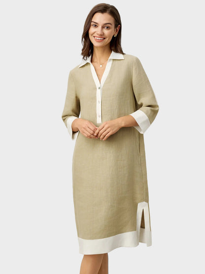 Vinnie | 100% Linen Contrast Panel V-neck Layered Lapel Midi Shirt Dress PERSEPHONE