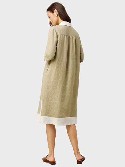 Vinnie | 100% Linen Contrast Panel V-neck Layered Lapel Midi Shirt Dress PERSEPHONE