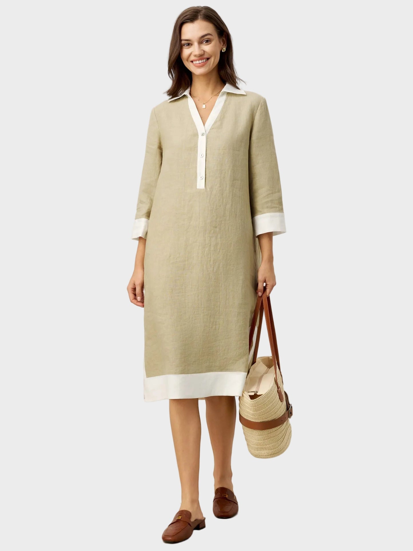 Vinnie | 100% Linen Contrast Panel V-neck Layered Lapel Midi Shirt Dress PERSEPHONE