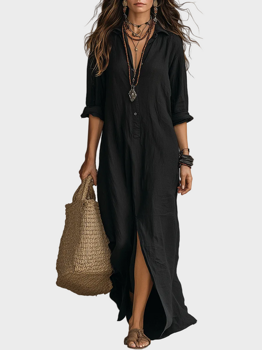 Delilah | Black Button-Front Bohemian Shirt Maxi Dress