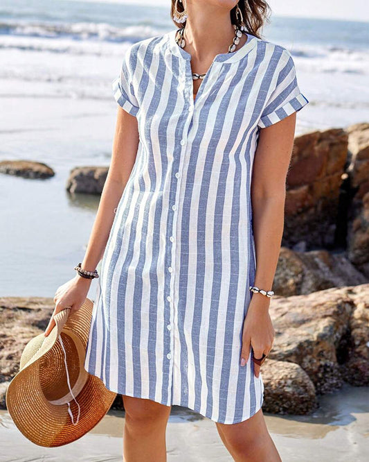 JULISSA™ – Elegant Striped Button Midi Dress