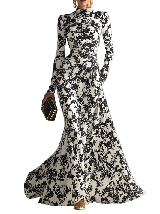 Women's Black And White Patterned Stretch Blend Wrap Dress