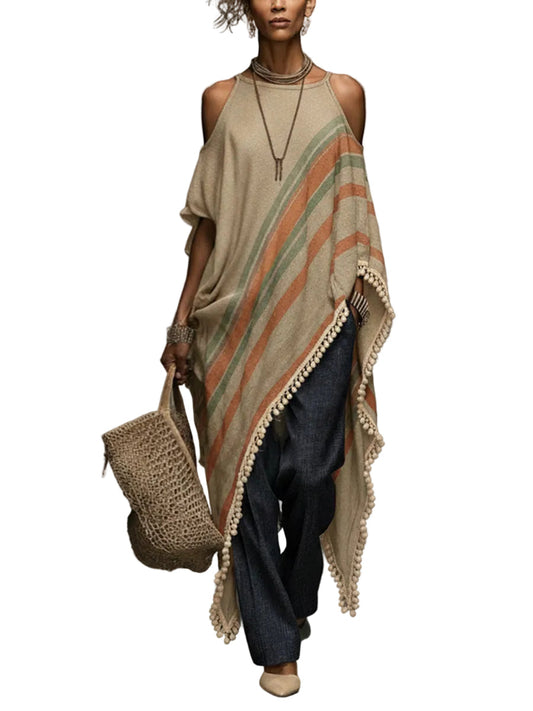Khaki Linen Blend Printed Off Shoulder Dress With Fringe Hem
