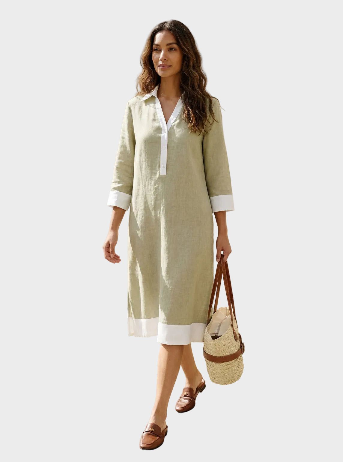 Vinnie | 100% Linen Contrast Panel V-neck Layered Lapel Midi Shirt Dress PERSEPHONE