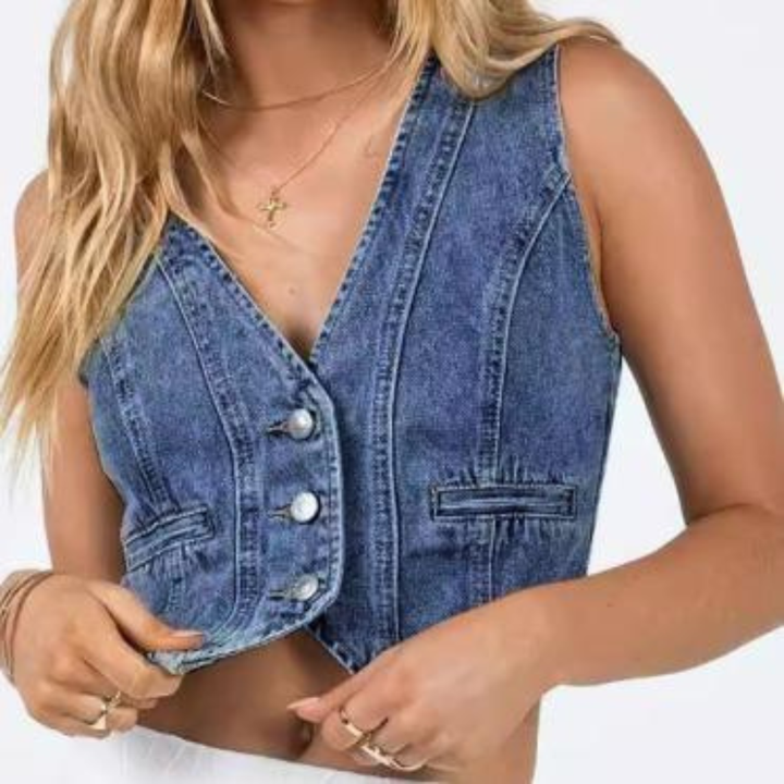 BLAISE™ - Sleeveless Denim Crop Top with Low Cut Design