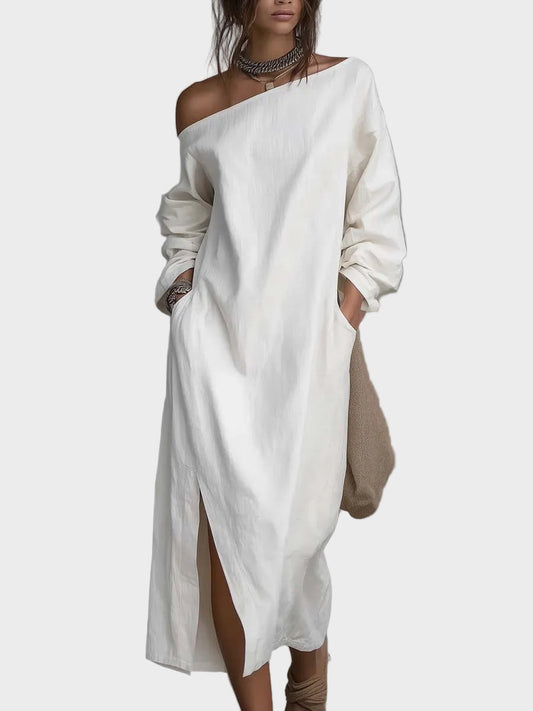 Medusa | Loose-fitting One Shoulder Split Hem Cotton Linen Midi Dress