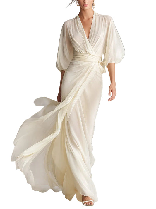 Women's Ivory Sheer Chiffon Dress With Puff Sleeves & Wrap Detail, Timeless Romantic-Luxe Style Dress