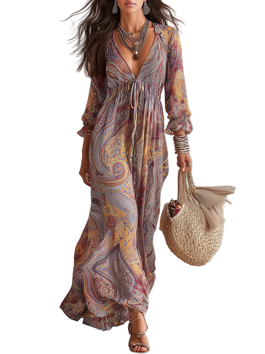 Vintage Paisley Print V neck Dress With Tie Waist