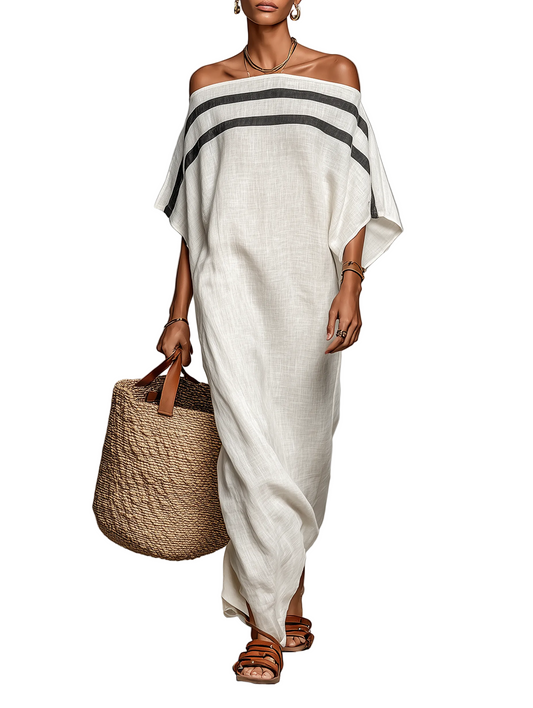 Women's Minimalist Linen Blend Off-the-shoulder Batwing Sleeve Straight-cut Maxi Dress