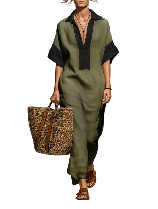 Women's Minimalist Linen Blend Color-blocked Short-sleeved Maxi Dress