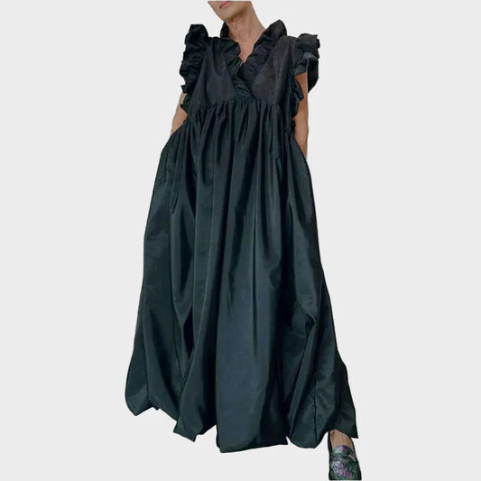 Women's Pleated Dress A-line Loose Ruffle Pockets Sleeveless Summer Casual Vintage Fashion V-Neck Summer Dress for Female